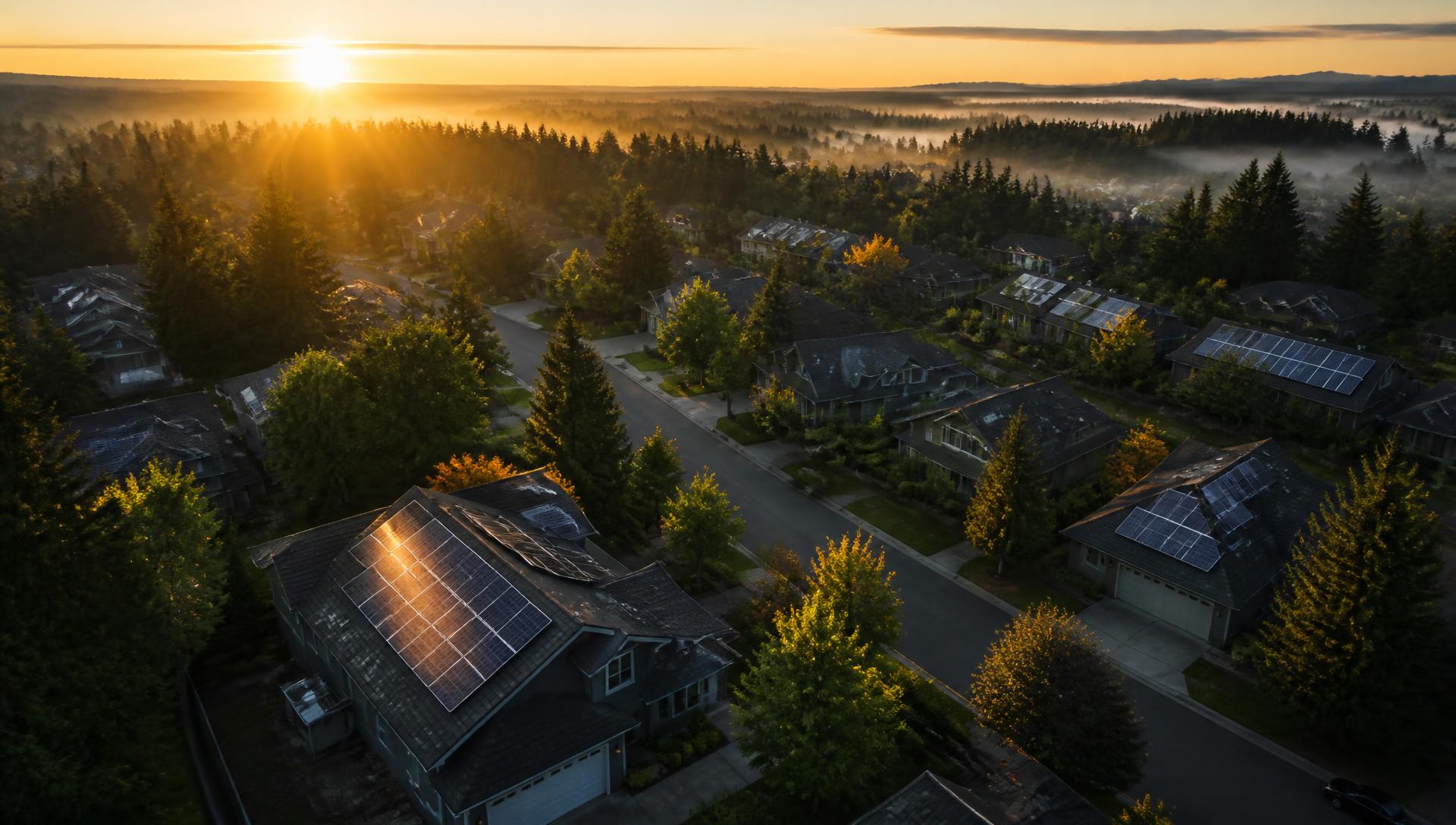 Suburban neighborhood at dawn with rooftop solar catching first light