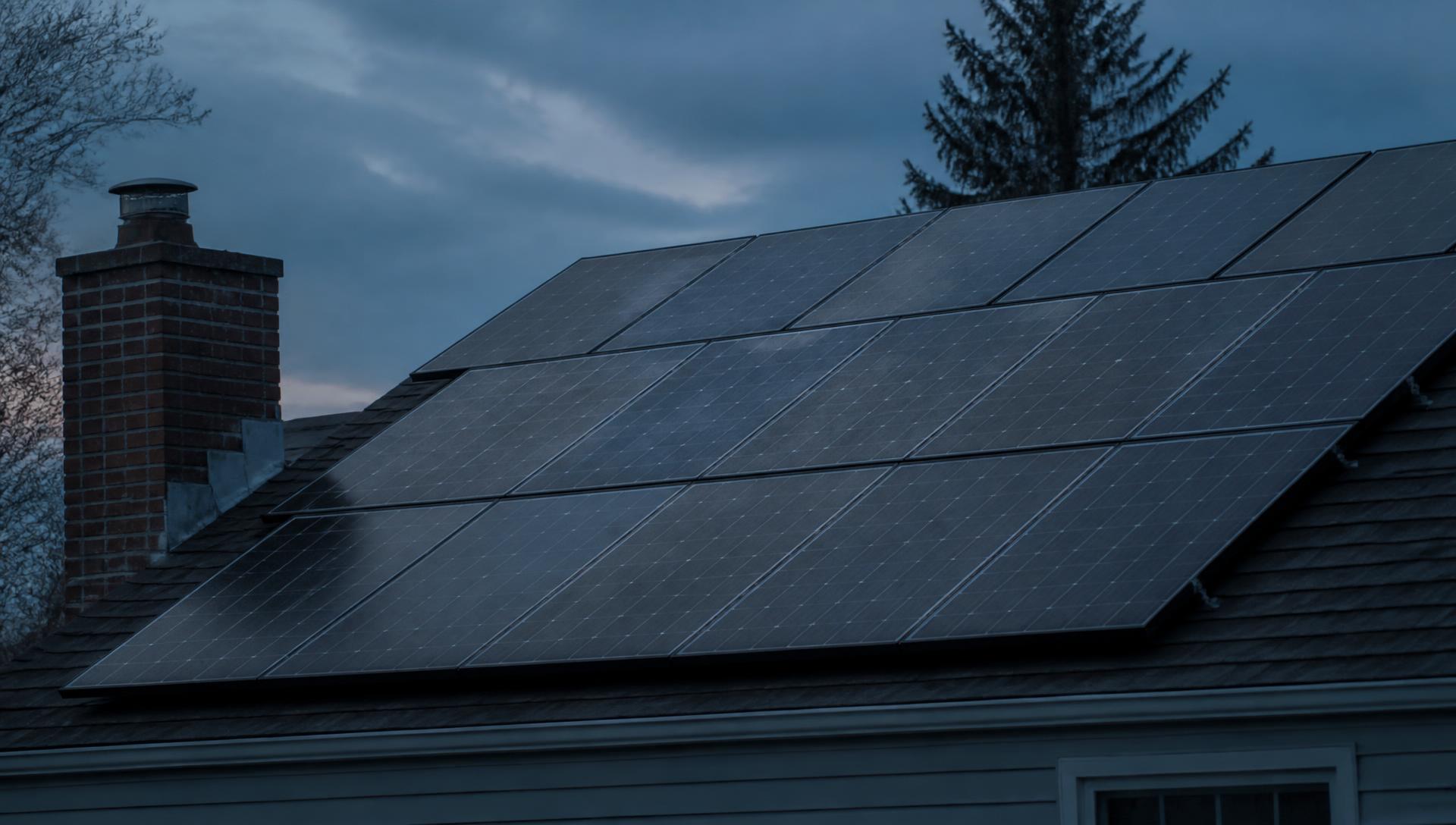 Overcast rooftop with aging solar panels